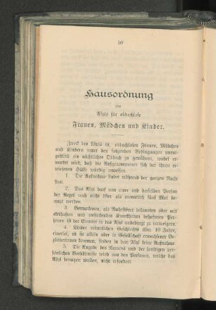 Hausordnung des Asyls für obdachlose Frauen, Mädchen und Kinder.