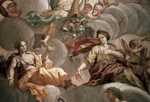 Hera, Athene, Aphrodite und Merkur mit dem goldenen Apfel der Eris