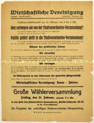 Aufruf der Wirtschaftlichen Vereinigung zu einer Versammlung am 21. Februar 1919 in Berlin zur bevorstehenden Stadtverordnetenwahl