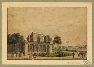 Das Dritte Belvedere auf der Brühlschen Terrasse in Dresden von Südosten, Radierung um 1820 : Ansicht des Belvedereauf dem Brühlschen Garten in Dresden / bei C. F. Sprinck. - [Dresden] , [ca. 1820]. - 1 Kunstblatt : kolorierte Radierung ; 12,6 x 8,3 cm