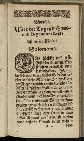 Vorrede Uber die Tugend- Haus- und Regiments-Lehre deß weisen Königs Salomonis.
