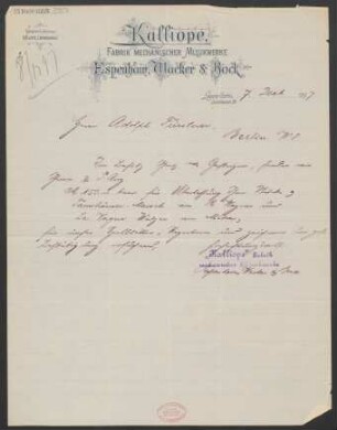 Brief an Adolph Fürstner an Musikverlag Adolph Fürstner  : 07.12.1897