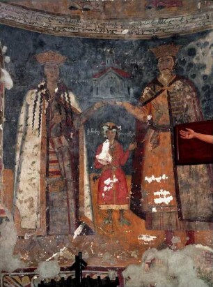Stifterbild: Königin, Prinz und König mit Kirchenmodell