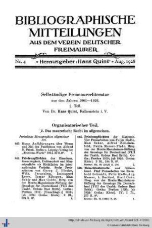Nr. 4: Mitteilungen aus dem Verein Deutscher Freimaurer: Bibliographische Beilage