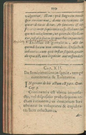 Cap. XII. De Semivirtutibus in specie, nempe continentia & Tolerantia.