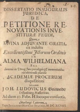 Dissertatio Inauguralis Iuridica, De Petitione Renovationis Investiturae Feudi