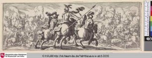[Drei Reiter reiten in die Schlacht gegen ein Heerr mit Kriegselefanten; Three Soldiers on Horseback in Center Heading toward a Battle involving Elephants]
