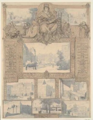Festschrift anlässlich der Ernennung des Bürgermeisters Lothar Streit (1823-1898) zum Ehrenbürger der Stadt Zwickau, Entwurf zu Blatt 2 mit Allegorie der Architektur, Putten, Wappen, reicher Rahmung und neun Stadtansichten