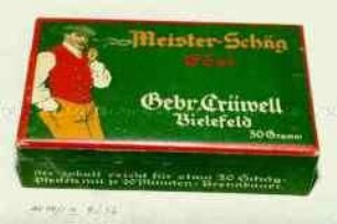 Pappschachtel für Tabak "Meister-Schäg Edel Gebr. Crüwell Bielefeld 50 Gramm"