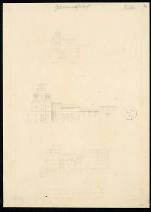 Gärtnerwohnung Monatskonkurrenz November 1832: Grundriss Erdgeschoss, Aufriss Vorderansicht, perspektivische Ansicht; 2 Maßstabsleisten