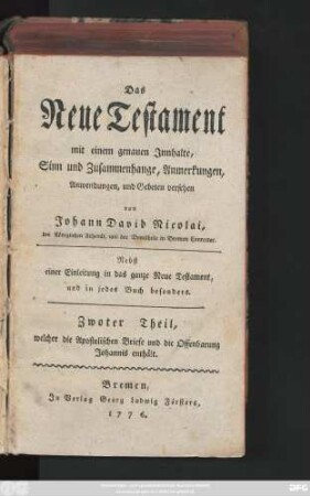 Theil 2: Welcher die Apostolischen Briefe und die Offenbarung Johannis enthält