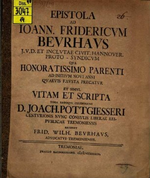 Epistola ad Jo. Fr. Beurhaus ... de vita et scriptis Joach. Pottgiesseri