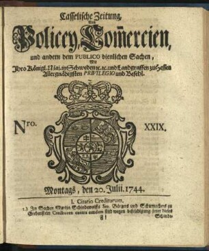 Nro. XXIX, Montags, den 20. Julii 1744