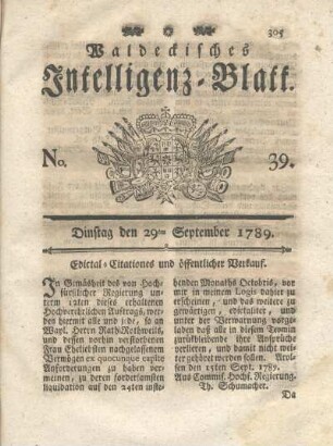No. 39, Dinstag den 29ten September 1789