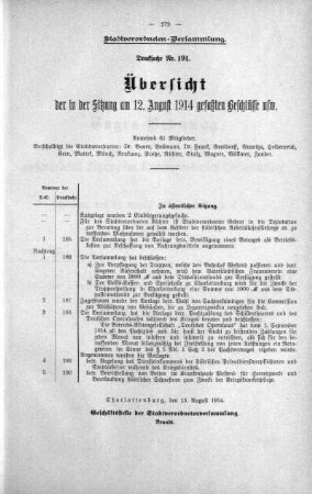 Übersicht der in der Sitzung gefaßten Beschlüsse u.s.w. (191.), 12. August 1914