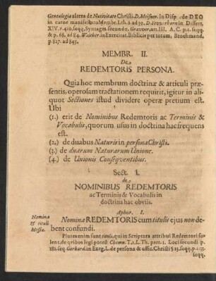 Sect. I. de Nominibus Redemtoris ac Terminis & Vocabulis in doctrina hac obviis.
