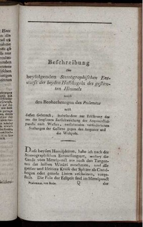 Beschreibung des beyfolgenden Stereographischen Entwurfs der beyden Halbkugeln des gestirnten Himmels