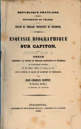 Esquisse biographique sur Capiton : Thèse (inaug.)