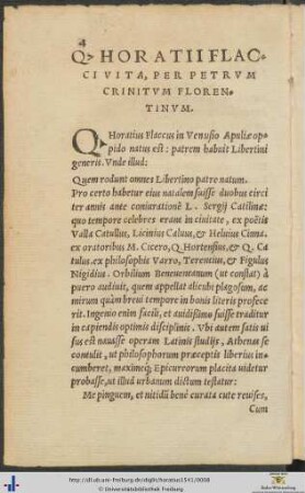 Quinti Horatii Flacci Vita Per Petrum Crinitum Florentinum
