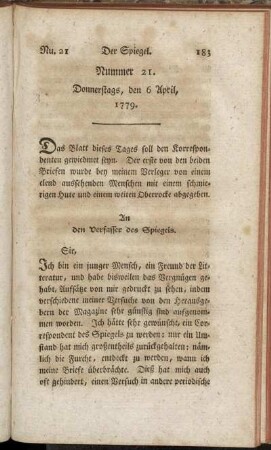 Nummer 21. Donnerstags, den 6. April, 1779. - Nummer 22. Sonnabends, den 10 April, 1779.