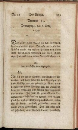 Nummer 21. Donnerstags, den 6. April, 1779. - Nummer 22. Sonnabends, den 10 April, 1779.