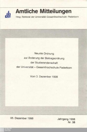 Neunte Ordnung zur Änderung der Beitragsordnung der Studierendenschaft der Universität - Gesamthochschule Paderborn : vom 3. Dezember 1998