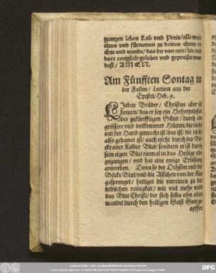 Am Fünfften Sontag in der Fasten/ Lection aus der Epistel/ Heb. 9.