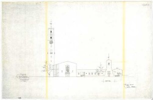 Gsaenger, Gustav; Erlangen - Süd (Bayern); Ev. Matthäus Kirche, Pfarrhaus und Gemeindesaal - Wettbewerb und Vorprojekt, Nordseite (Ansicht)