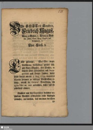 Von Gottes Gnaden, Friedrich August, König in Pohlen, [et]c.