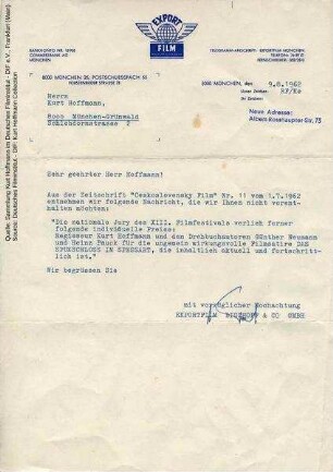 Brief von Exportfilm München an Kurt Hoffmann, 09.08.1962