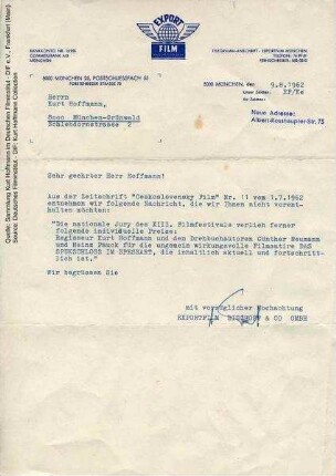 Brief von Exportfilm München an Kurt Hoffmann, 09.08.1962