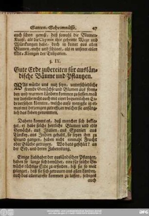 §. IX. Gute Erde zubereiten für ausländische Bäume und Pflantzen.
