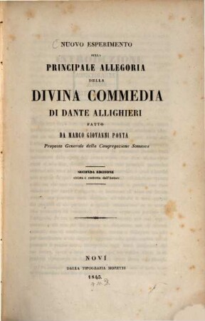 Nuovo esperimento sulla principale allegoria della divina commedia di Dante Allighieri