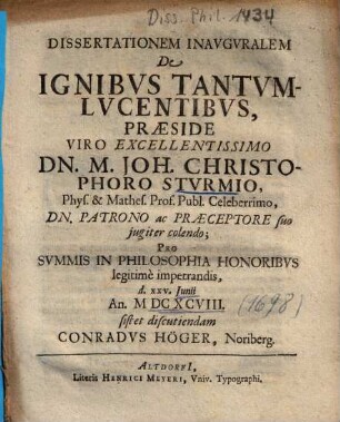Dissertationem Inavgvralem De Ignibvs Tantvm-Lvcentibvs