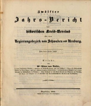 Jahresbericht des Historischen Kreisvereins im Regierungsbezirke von Schwaben und Neuburg. 12. 1846 (1847)