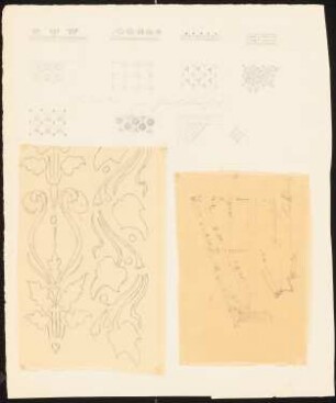 Fußbodenornamentik im Charlottenhof, Potsdam, Exerzierhaus in der Karlstraße, Berlin (?): Zahlreiche Skizzen mit Fußbodenornamenten mit geometrischen und pflanzlicher Musterung, ein Blatt mit zwei Schnitten einer Dachbalkenkonstruktion mit Maßangaben (zwei Blätter mit Nach- oder Durchzeichnungen)