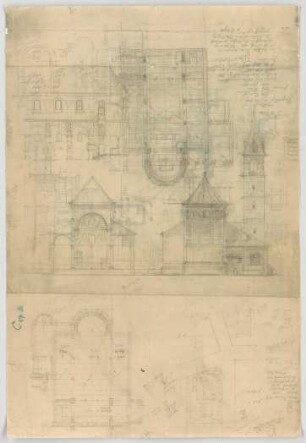 Thiersch, August ; Füssen / Allgäu (Bayern); Ev. Pfarrkirche - Lageplan, Grundrisse, Ansichten, Teilansicht, Schnitt