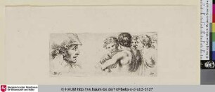 Kopfstudie eines Mannes mit Helm und Figurengruppe am linken Rand