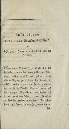 Ankündigung einer neuen Erziehungsanstalt für sechs junge Herren aus Frankreich und der Schweiz