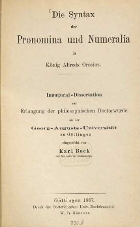 Die Syntax der Pronomina und Numeralia in König Alfreds Orosius