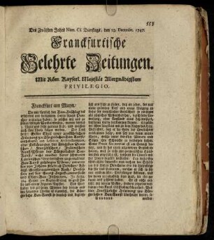 Num. CI. Dienstags, den 19. Decembr. 1747 - Num. CIV. Freytags, den 29. Decembr. 1747