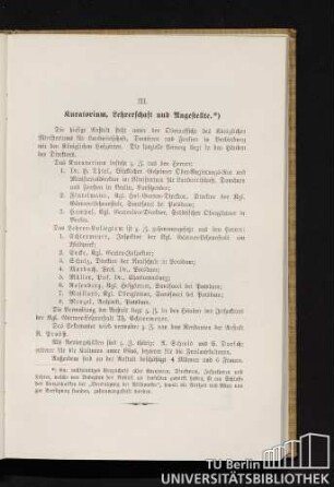 III. Kuratorium, Lehrerschaft und Angestellte.