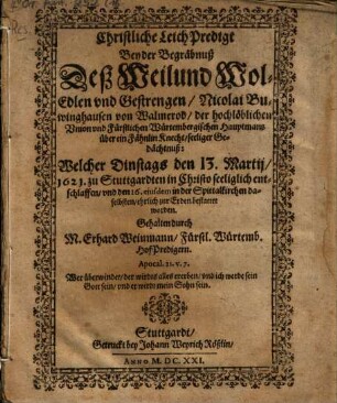 Christliche Leichpredigt bey der Begräbniß Nicolai Buwinghausen von Walmernd Würtemb. Hauptmanns ...