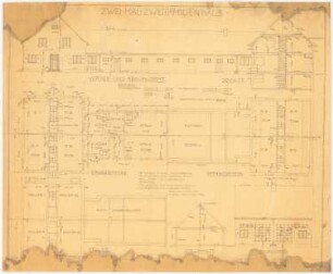 Siedlungsplan, Plathe/Rega Entwurf für ein Zweimal-Zweifamilienhaus: Grundrisse, Aufrisse, Schnitt, 1:50