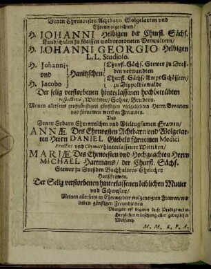 Denen Ehrenvesten Achtbarn Wolgelarten und Ehrenwolgeachten/ H. Johanni Helbigen der Churfl. Sächs. Landschulen [...] H. Johanni Georgio Helbigen [...] H. Johanni und H. Jacobo Hanitzschen [...]