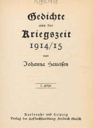 Folge 2: Gedichte aus der Kriegszeit 1914/15