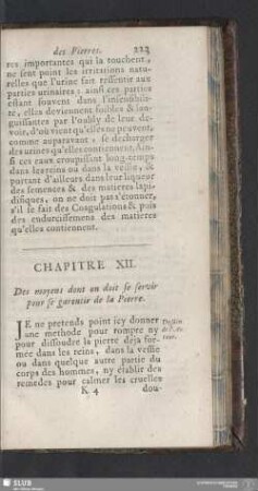 Chapitre XII. Des moyens dont on doit se servir pour se garentir de la Pierre