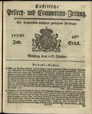 43tes Stueck, Montag den 21ten October 1776