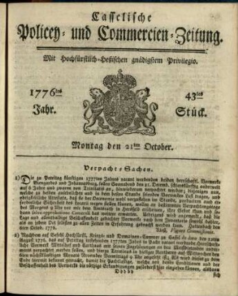 43tes Stueck, Montag den 21ten October 1776