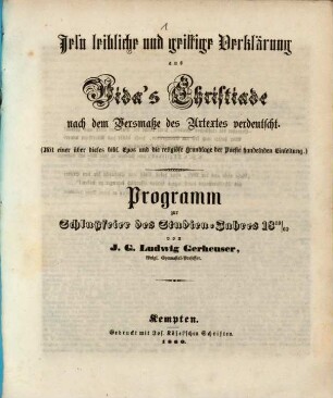 Jesu leibliche und geistige Verklärung aus Vida's Christiade nach dem Versmaße des Urtextes verdeutscht : mit einer über dieses bibl. Epos und die religiöse Grundlage der Poesie handelnden Einleitung